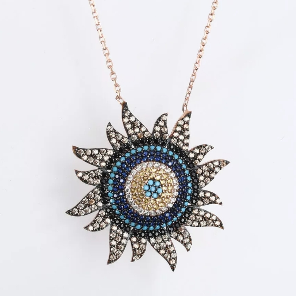 Evil eye sun burst gold necklace sapphire & topaz - Picture 3 of 4